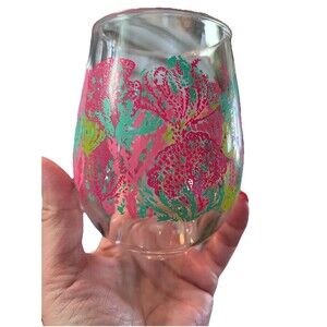 Lilly Pulitzer Acrylic Plastic Wine Glass Stemless Coral Reef Pink Blue Preppy